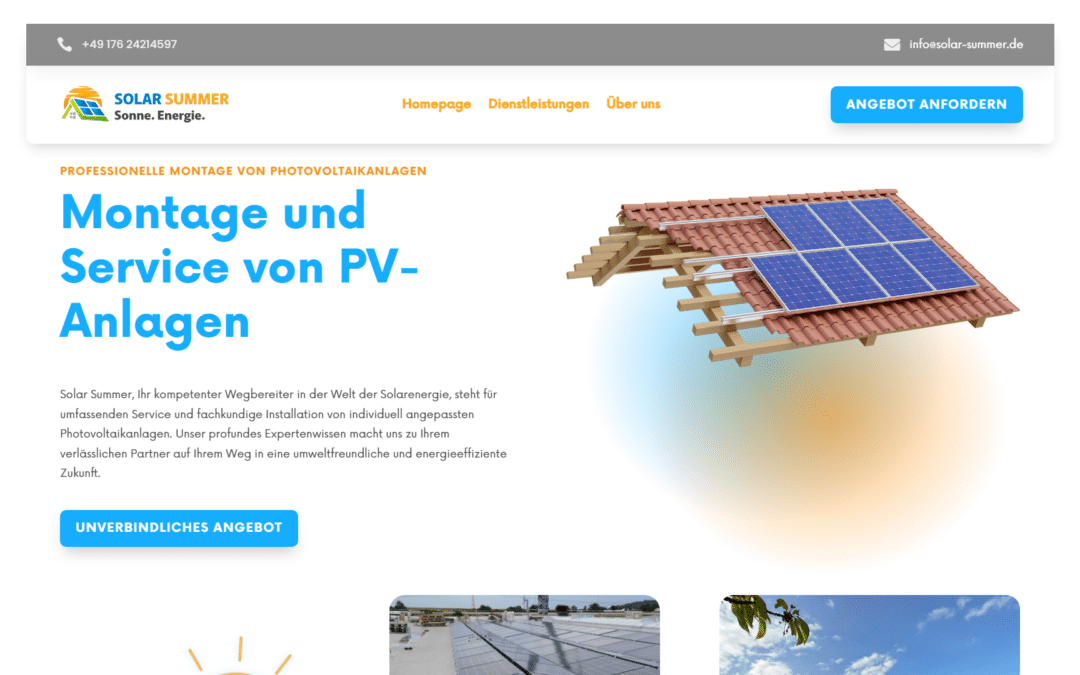 Eine One-Page Portfolio-Website über ein Unternehmen, das sich auf die Installation von Photovoltaikmodulen spezialisiert hat.