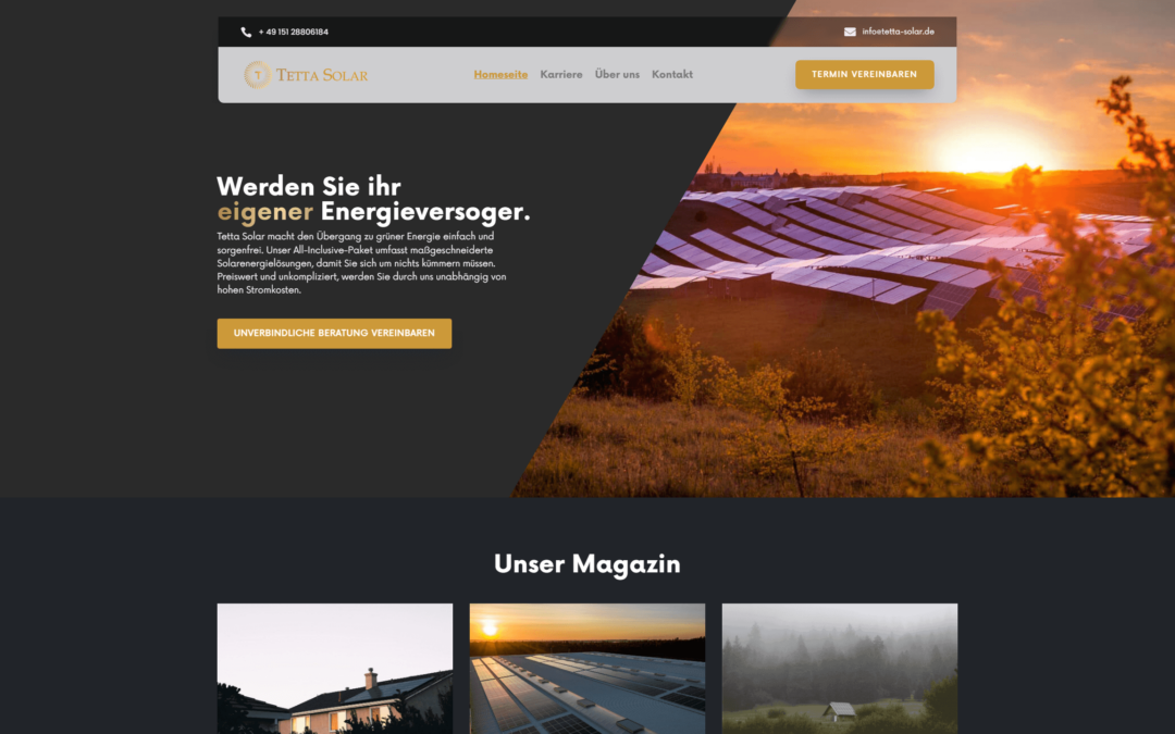 Landingpage für ein Photovoltaik-Panel-Installationsunternehmen mit Kontaktformular